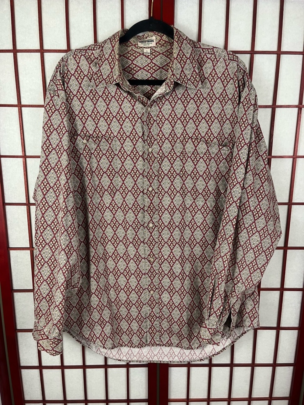 Vintage Guess Jeans Button Up Long Sleeve Cotton Shirt Red Diamond Pattern
